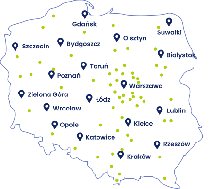 Miasta w których uczymy: Warszawa, Białystok, Suwałki, Lublin, Rzeszów, Kraków, Kielce, Katowice, Opole, Łódź, Wrocław, Zielona Góra, Poznań, Gdańsk
